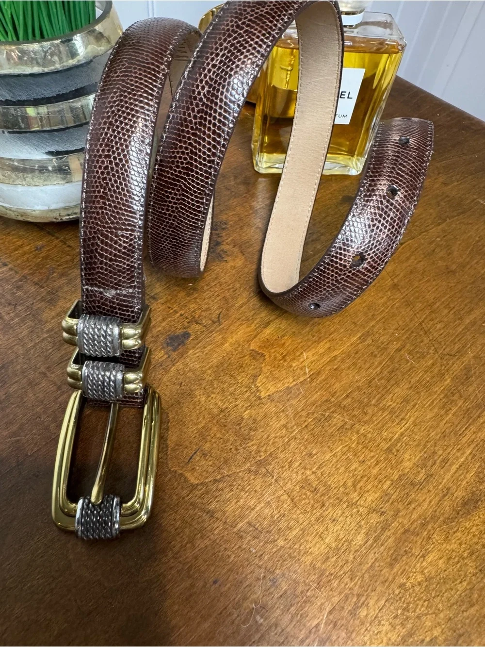 Brighton Brown Lizard-Embossed Leather Belt with Brass Buckle